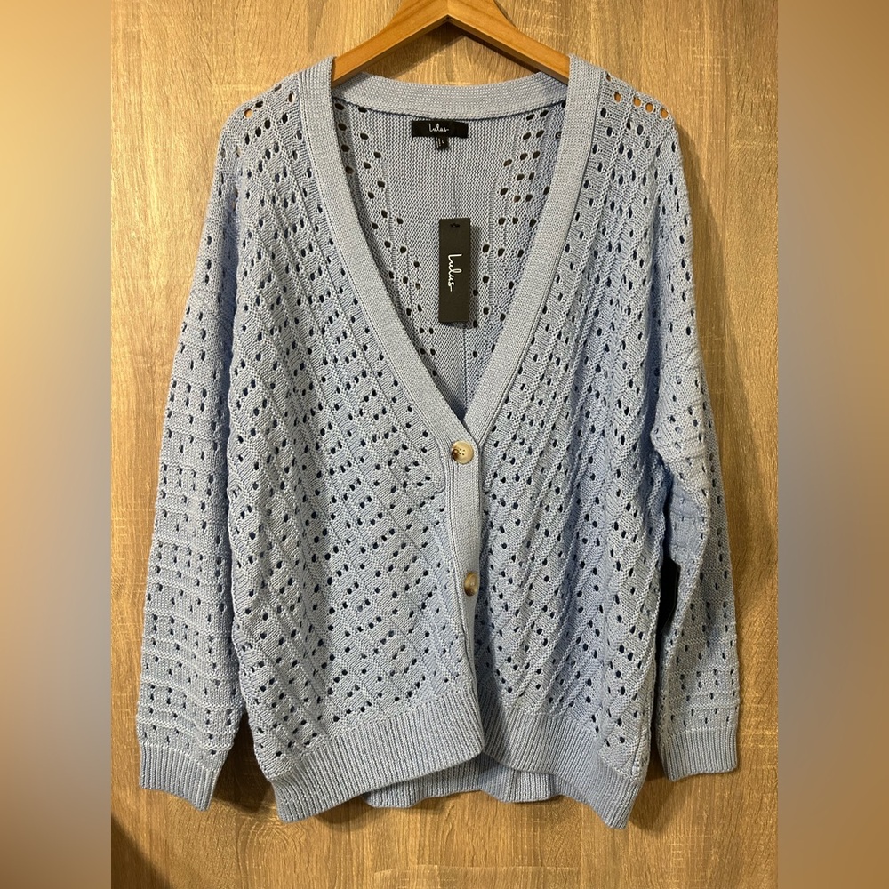 Lulu's Light Blue Open-Knit Cardigan Size Large.